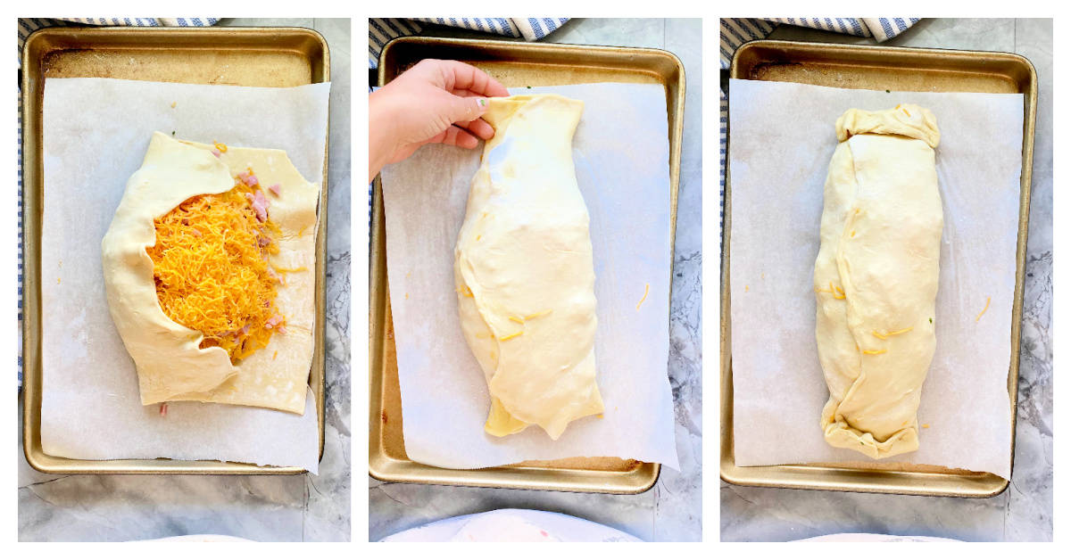 Three photos of a baking sheet with white parchment paper with puff pastry and a hand folding the puff pastry.