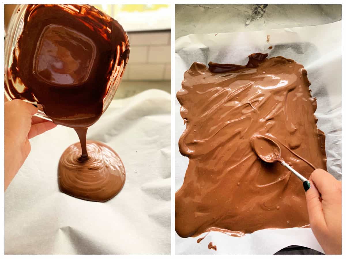 Two photos; left of a hand pouring chocolate on parchment paper, right of a hand smoothing melted chocolate with a spoon.