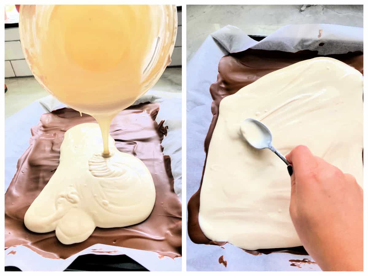 Two photos: Left: melted white chocolate pouring out of a bowl, right hand smoothing white chocolate over dark chocolate.