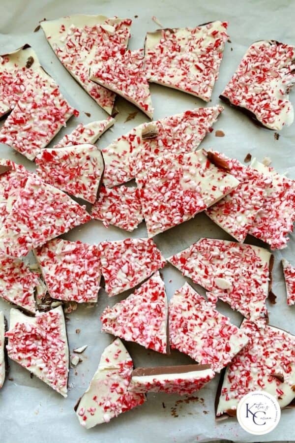 Chopped Peppermint Bark on white paper with logo on the bottom right corner.