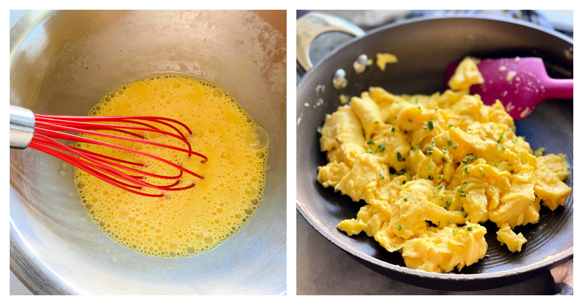 Two photos; left of a silver mixing bowl filled with a red balloon whisk and frothy eggs. Right of fluffy scrambled eggs topped with chives in a frying pan.