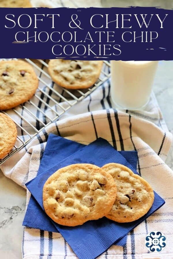 Two cookies on a blue napkin with text on image for pinterest.
