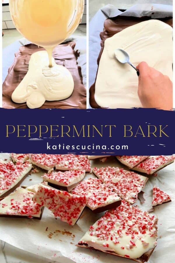 Three photos: top two of pouring melted white chocolate divded by recipe text and Peppermint Bark on bottom picture.