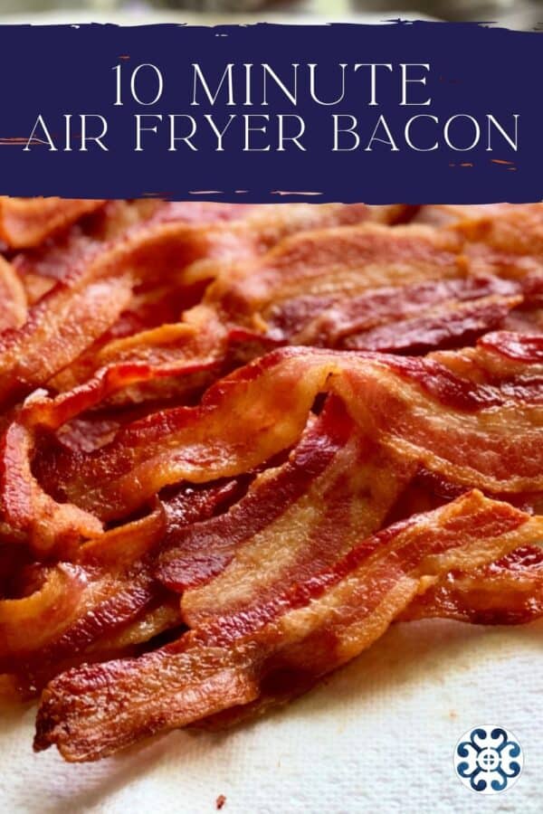 multiple slices of cooked bacon resting on paper towel, title text on top