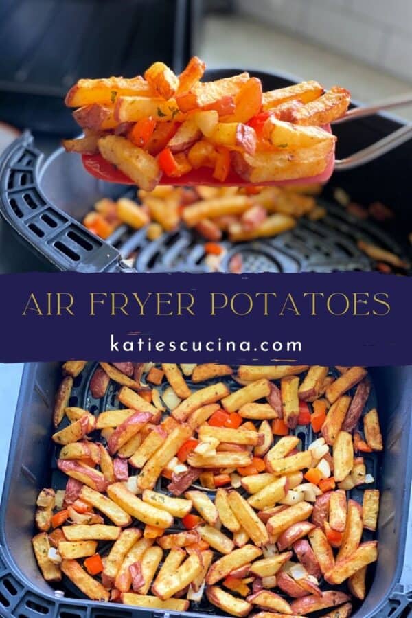 Two images separated by title text in middle, top: spatula lifting out cooked potatoes from air fryer, bottom: diced potatoes in air fryer basket