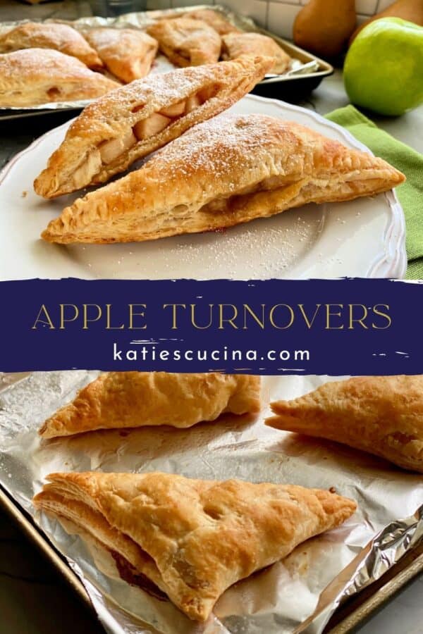 Two photos of baked turnovers split by recipe title text on image for Pinterest.