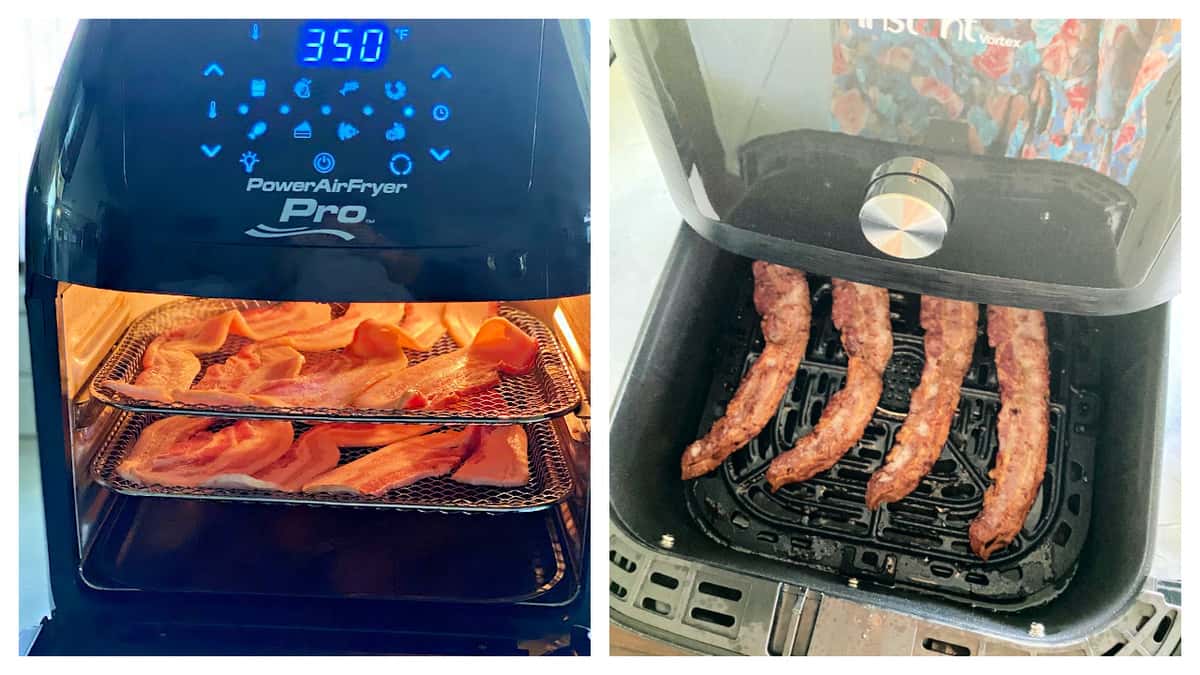 two images of different air fryers cooking slices of bacon