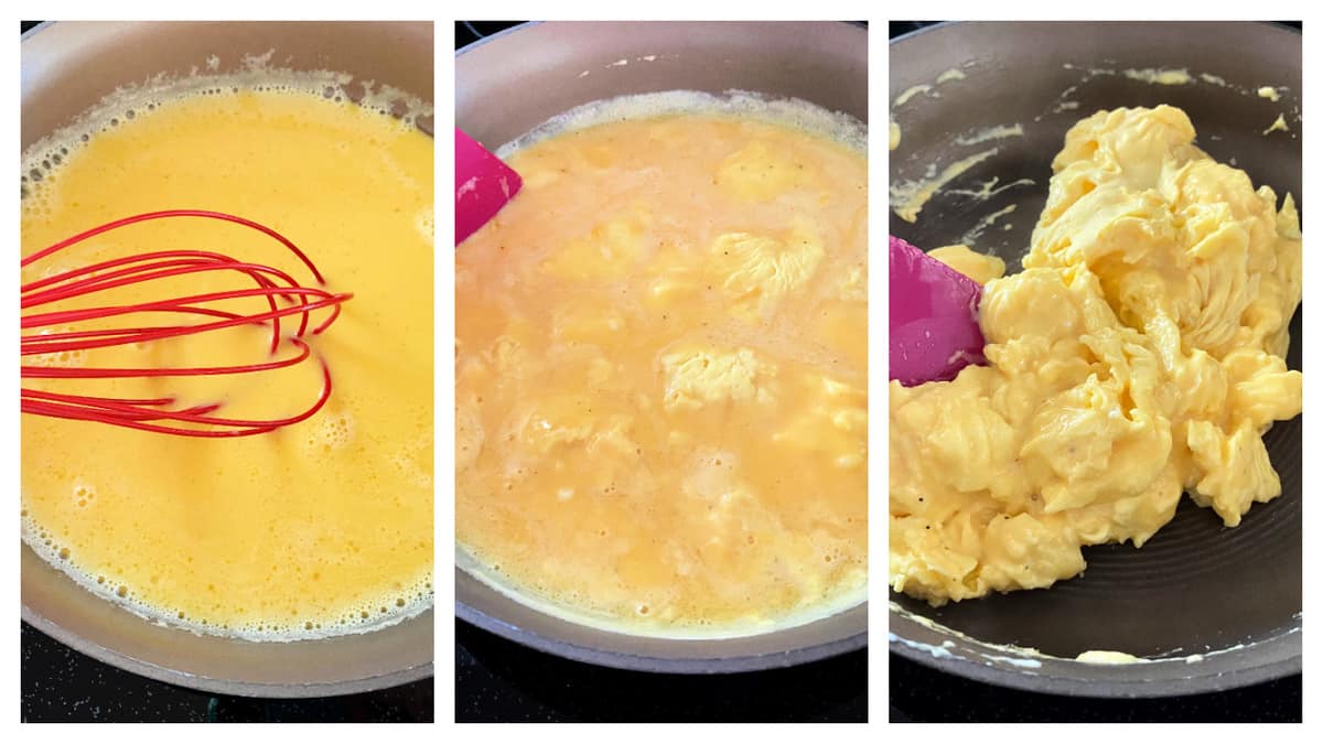 Three images with top view shot of cooking proccess of scrambled eggs on brown skillet with spatula