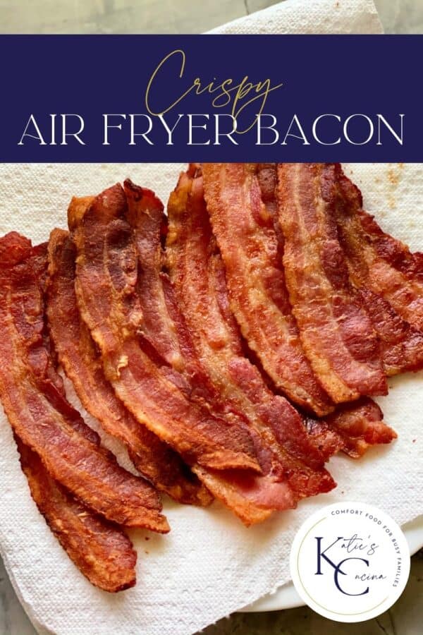Eleven cooked slices of bacon resting on paper towel with title text on top