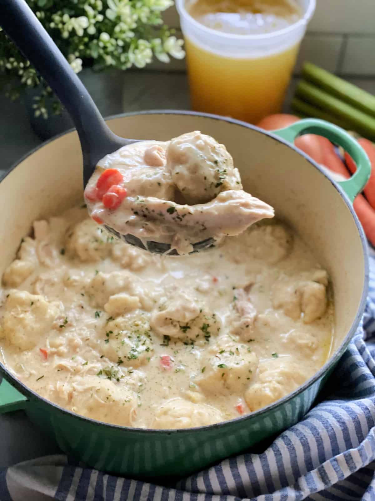 Chicken and dumpling soup in green dutch oven with soup taken out in a laddle