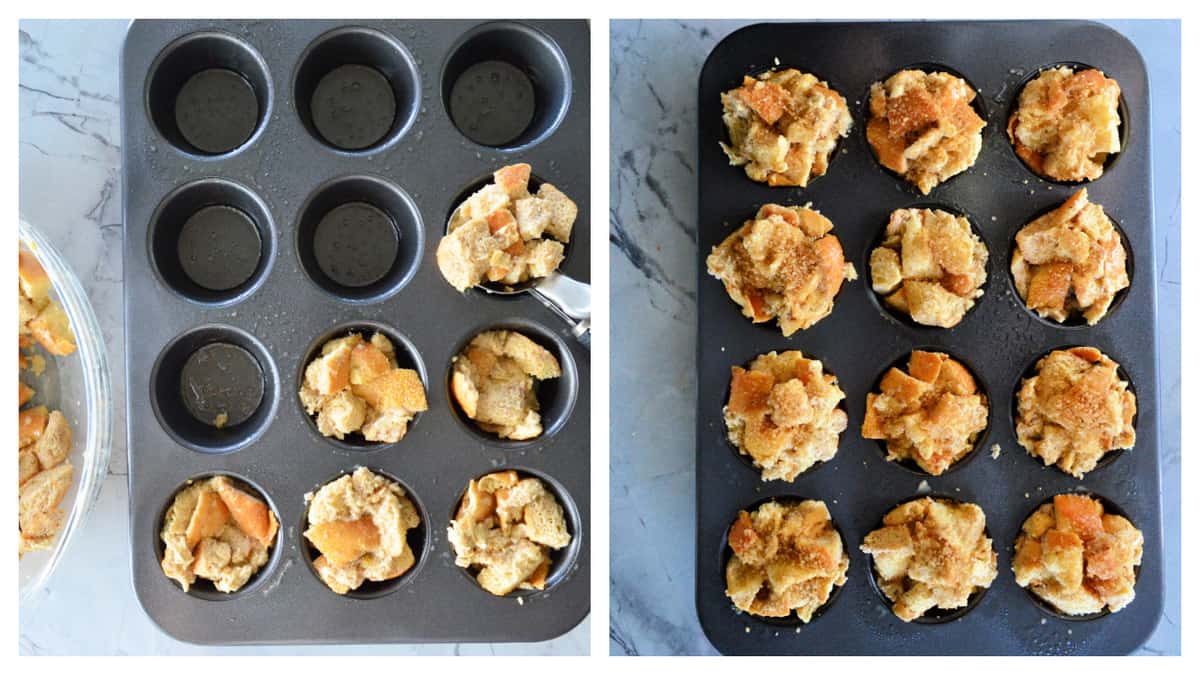 Top view of two images; left: stuffing added to muffin pan, right: finished French toast muffins in pan