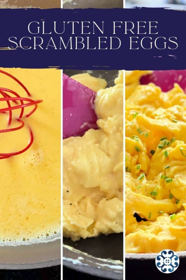Three vertical photos of making scrambled eggs with recipe title text on image.