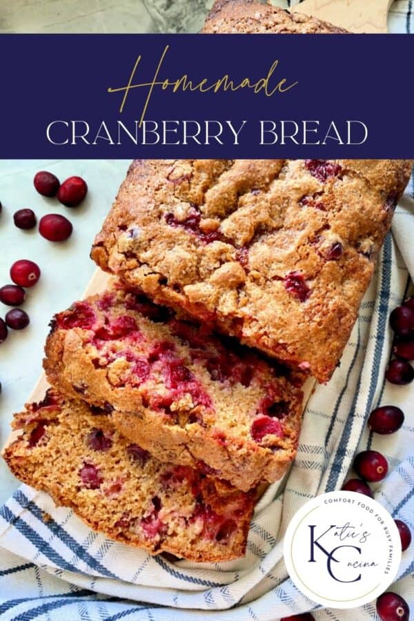 Top view of two slices of Cranberry Bread with recipe title text on image.