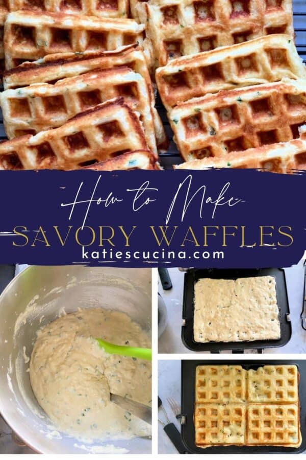 Four images divided by recipe title text; above: top view shot of eight waffles, bottom cooking process of the waffles