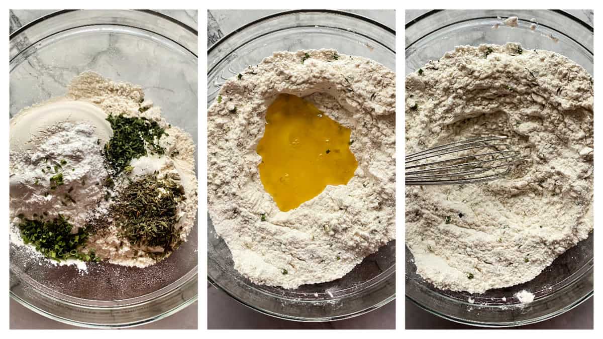 Three images; left: flour and seasoning in mixing bowl, middle: melted butter added, right: flour mixture being whisked