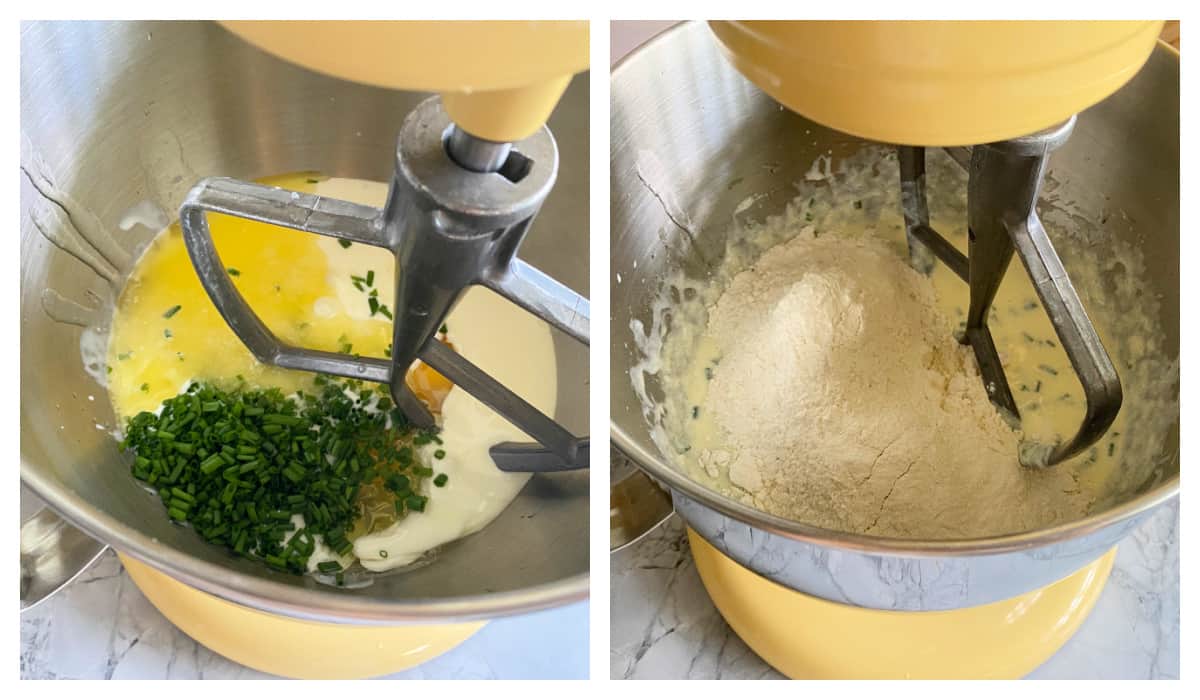 two top view images of stand mixer with ingredients for recipe in the bowl