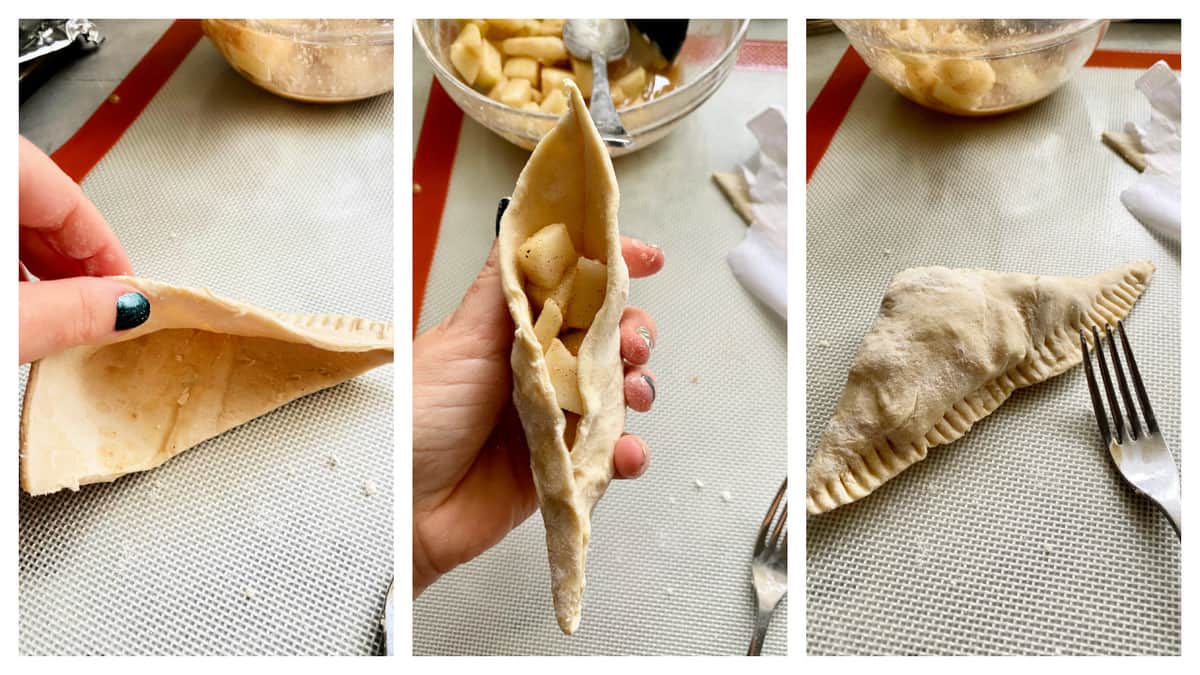 Three photos of showing an alternative way to fill a puff pastry trinagle with filling.