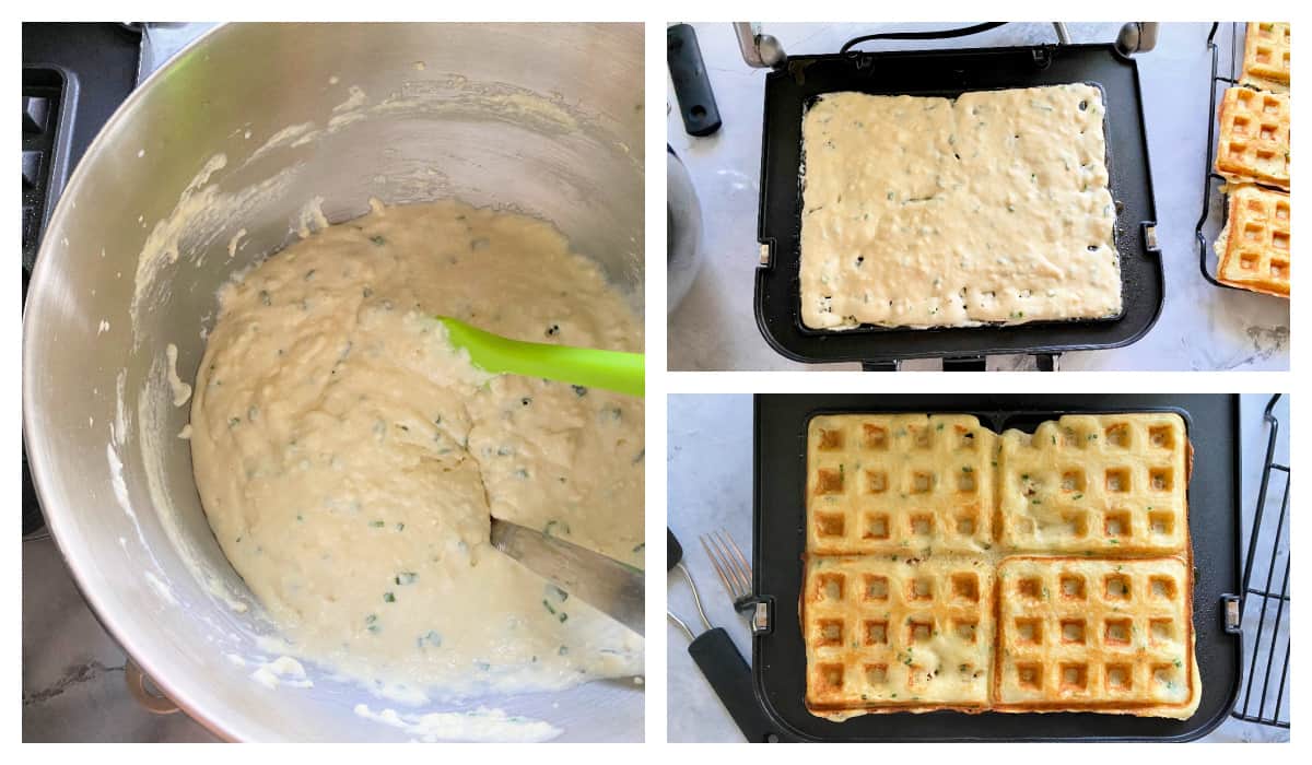 Three images; left of a mixing bowl of batter, top right of waffle batter in waffle iron and bottom right of cooked waffles in iron.