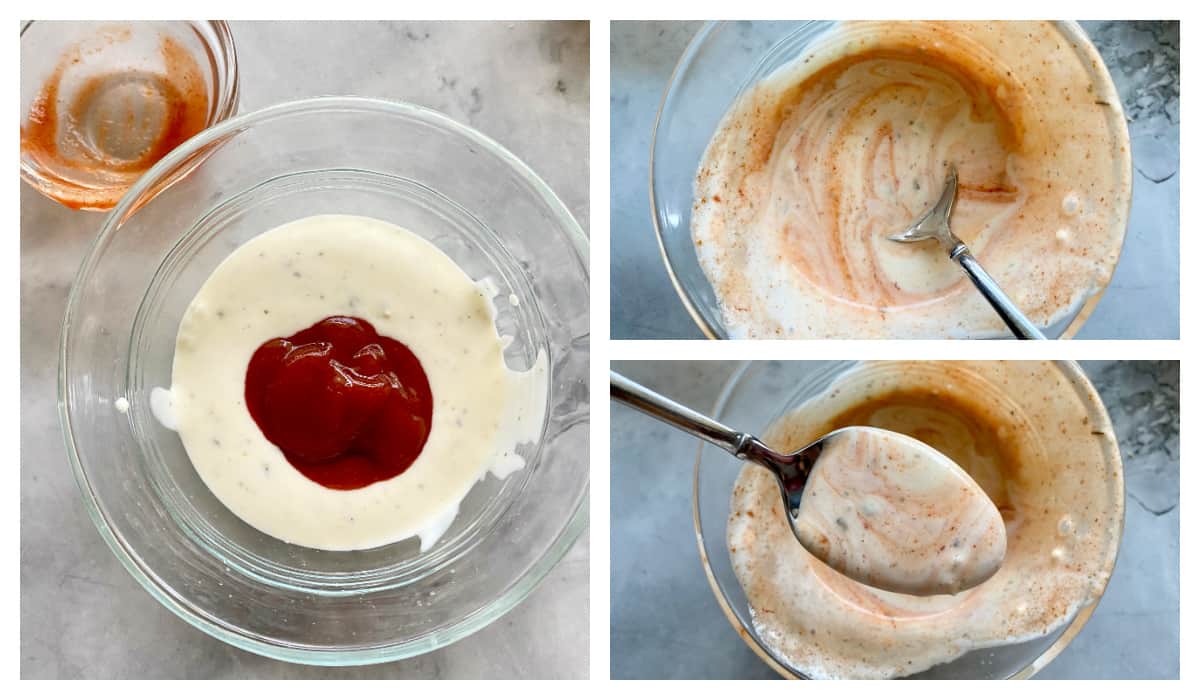 Three images showing the process of making the spicy ranch sauce