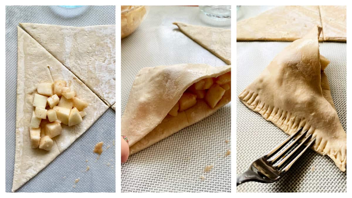 Three photosof folding puff pastry for turnovers with filling.
