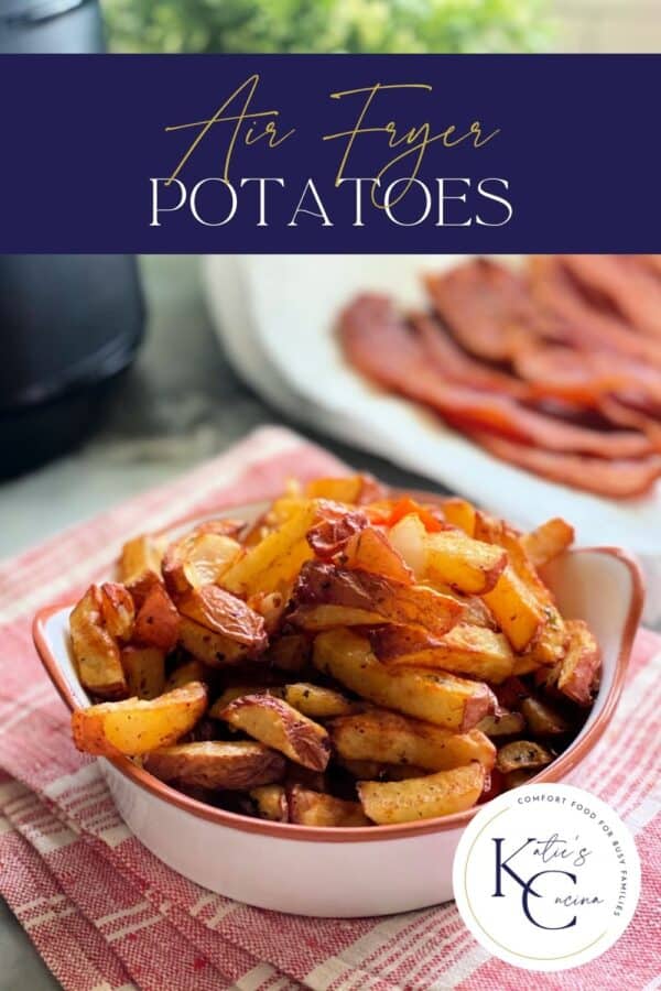 White dish with fried breakfast potatoes inside sitting on red and white towel, title text above