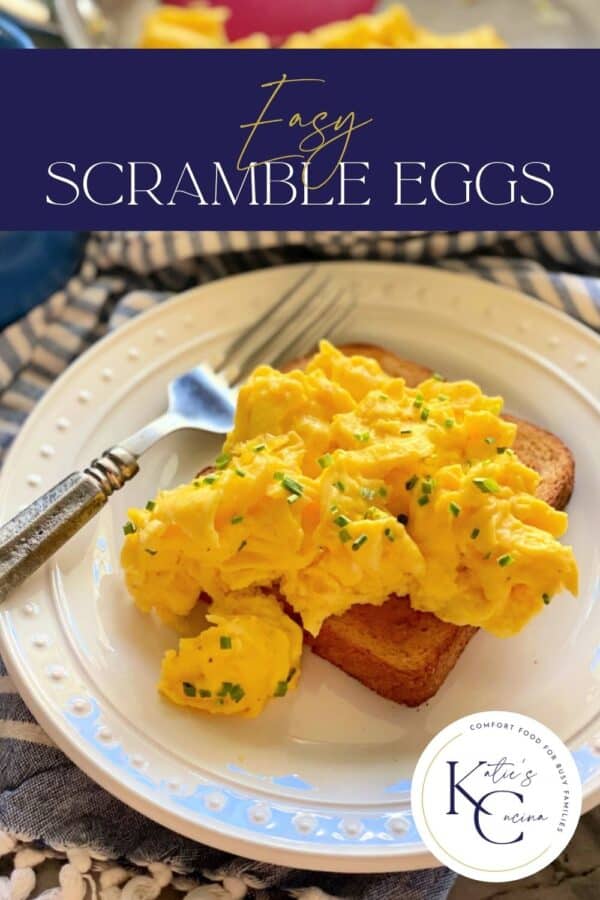 White plate with toast and scrambled eggs on top with recipe title text on image for Pinterest.