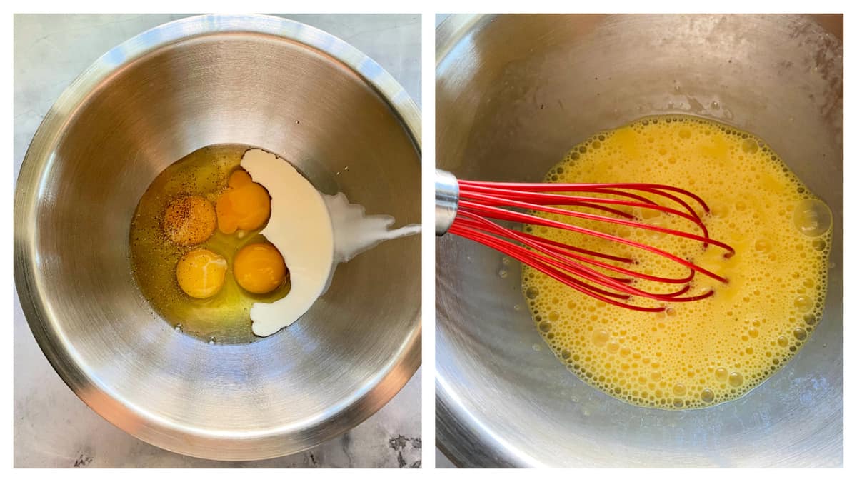 Two images with top view shot of four eggs in mixing bowl being whisked