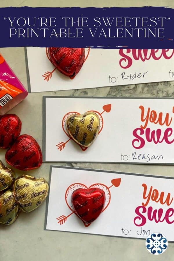 three valentine's with chocolate heart candies with post title on image for Pinterest.