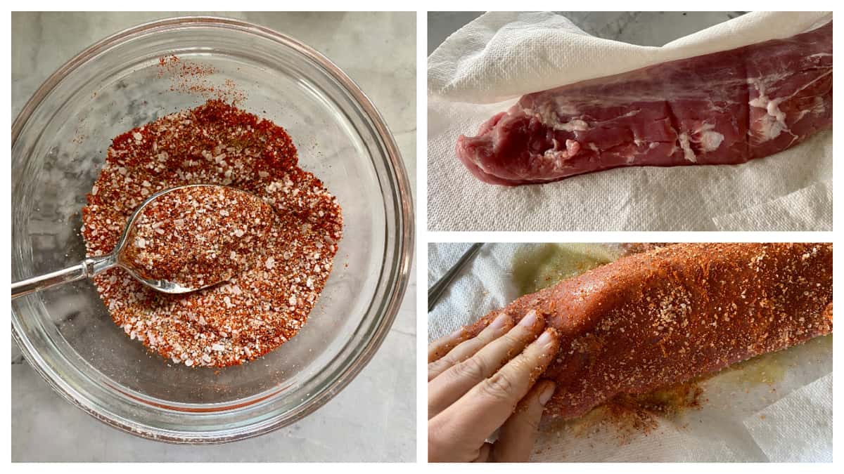 three images; left: seasoning mix in glass bowl, top right: pork tenderloin on paper towel, bottom right: spice mix rubbed onto tenderloin
