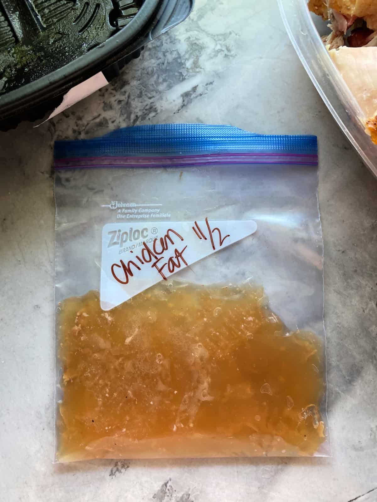 Reserved chicken fat in ziploc bag