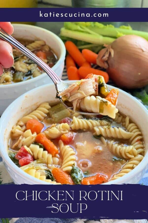 Chicken noodle soup in two white bowls, spoonful of soup on top, title text below