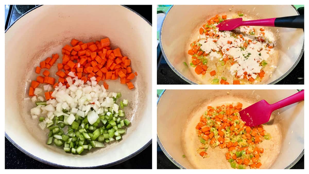 Three photos of vegetables being sauteed in a cast iron pot.