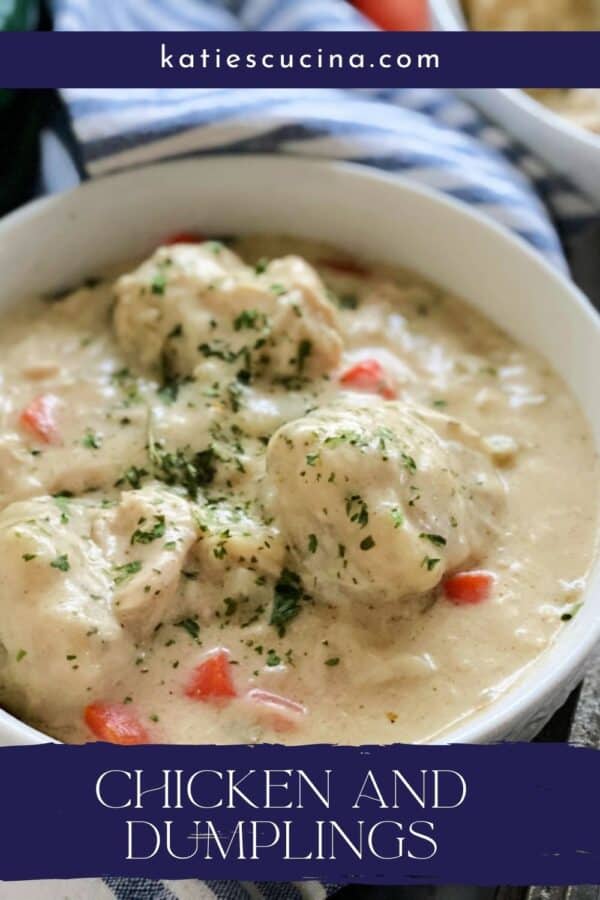 White bowl of chicken and dumpling soup with title text below
