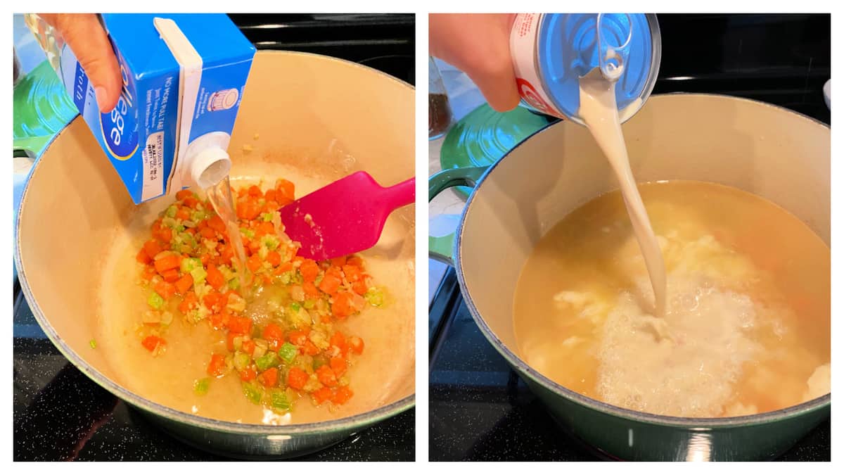 Two photos of broth and evaporated milk poured into a pot.