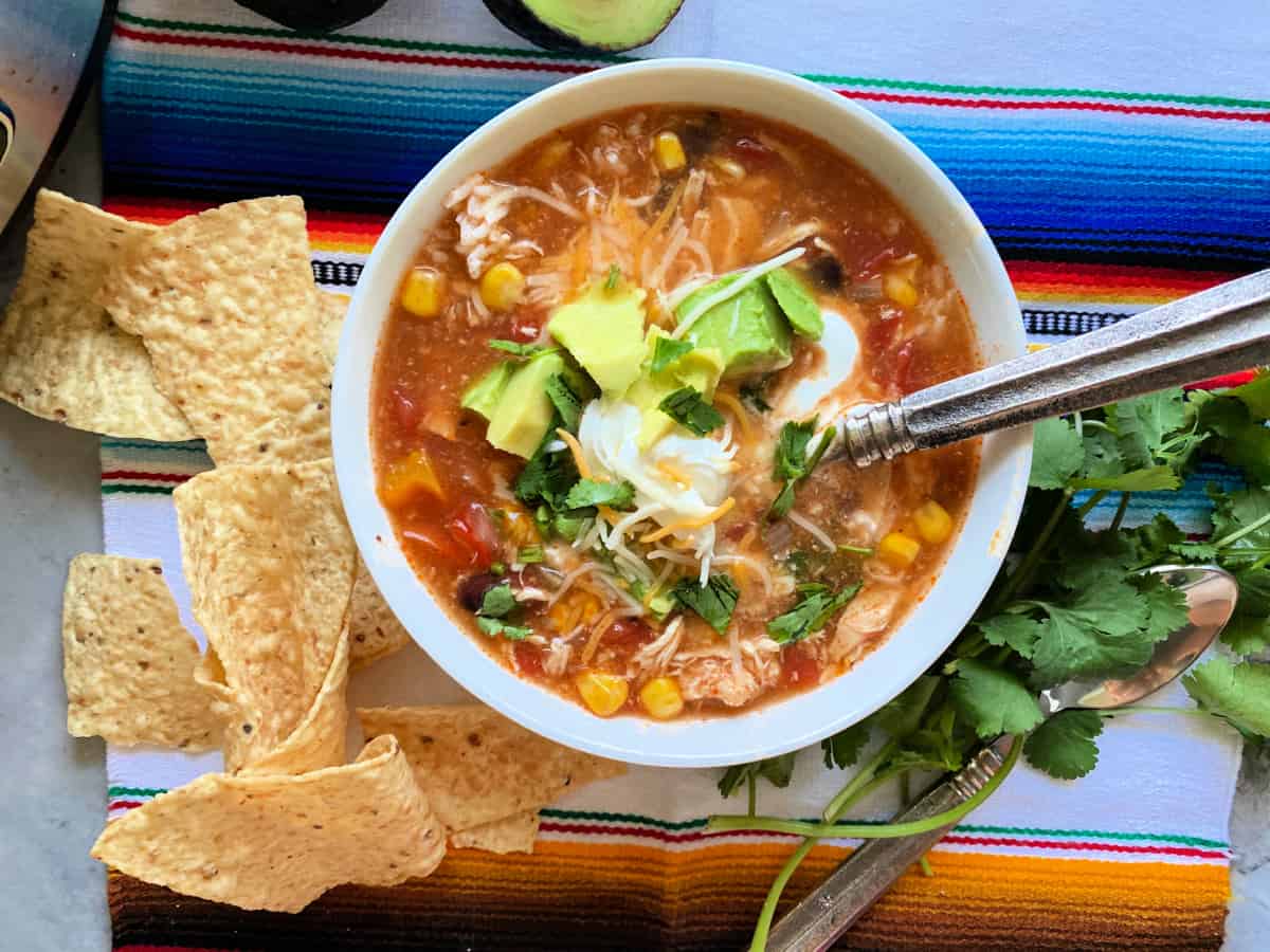 Top view of chicken enchilada soup in white bowl on top of colorful blanket