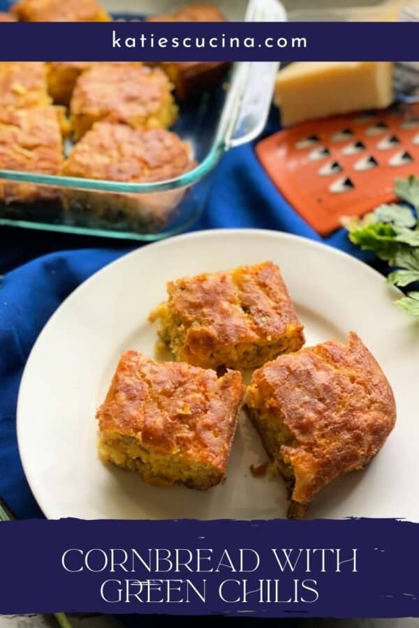 Three slices of cornbread on white plate with title text on bottom