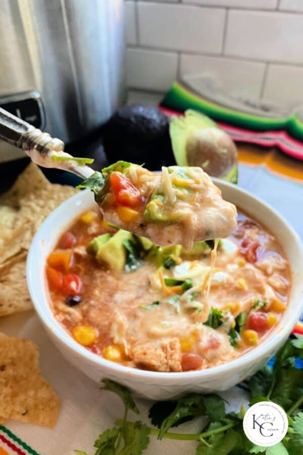 Chicken enchilada soup in white bowl with spoon