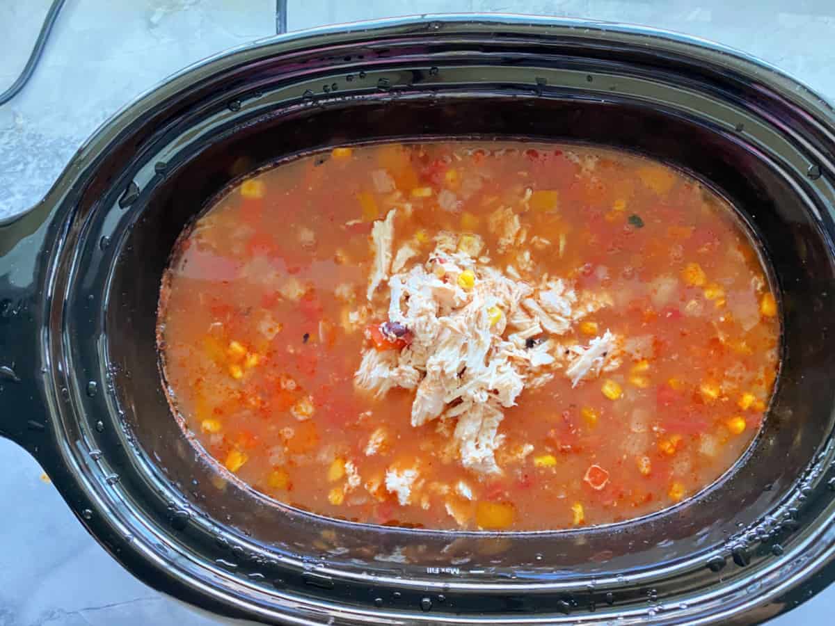 Top view of chicken enchilada soup in crock pot
