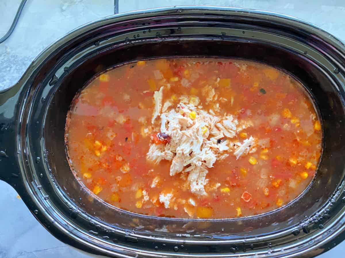 Top view of chicken enchilada soup in crock pot