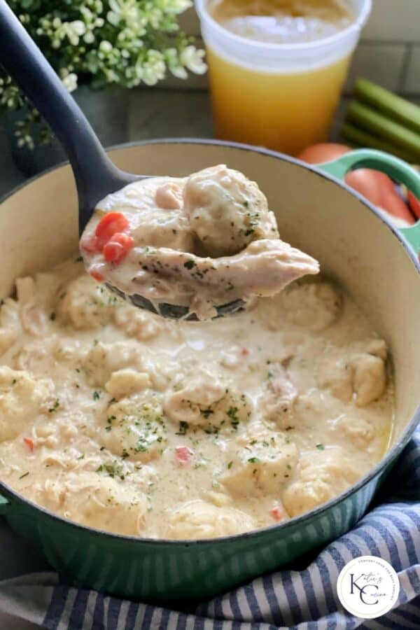 Chicken and dumpling soup ladled out of green dutch oven