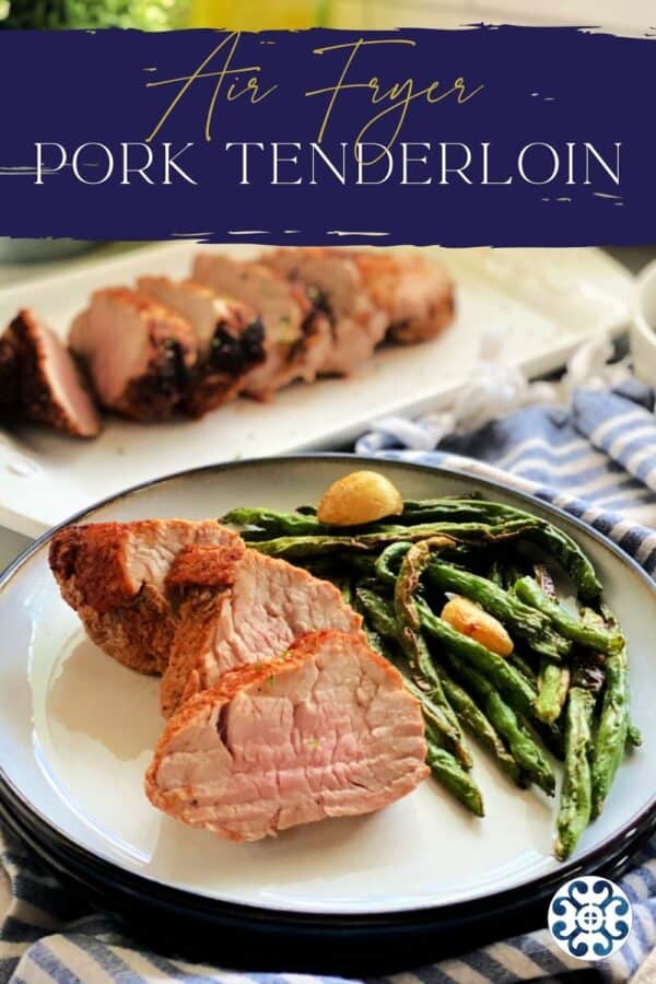 three slices of pork tenderloin with asparagus on white plate, title text above