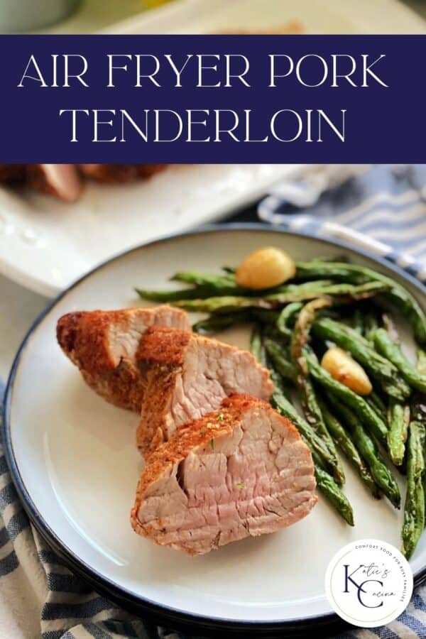 three slices of pork tenderloin with asparagus on white plate, title text above