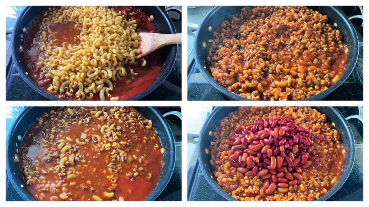 Four images of cooking process; 1: elbow macaroni added to tomato sauce in skillet, 2: ground beef added, 3: macaroni and beef cooking, 4: kidney beans added