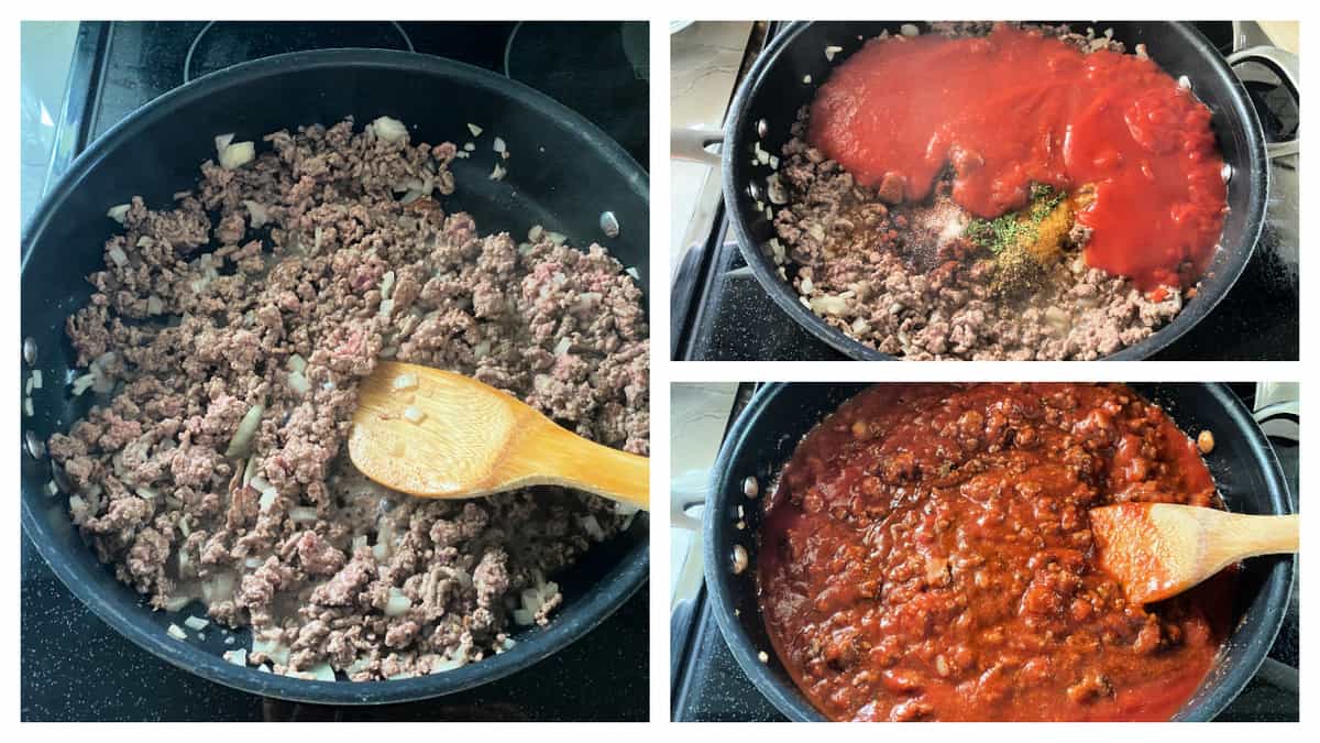 Three images; left: ground beef and onions cooking, top right: tomato sauce and spices added, bottom right: everything mixed together
