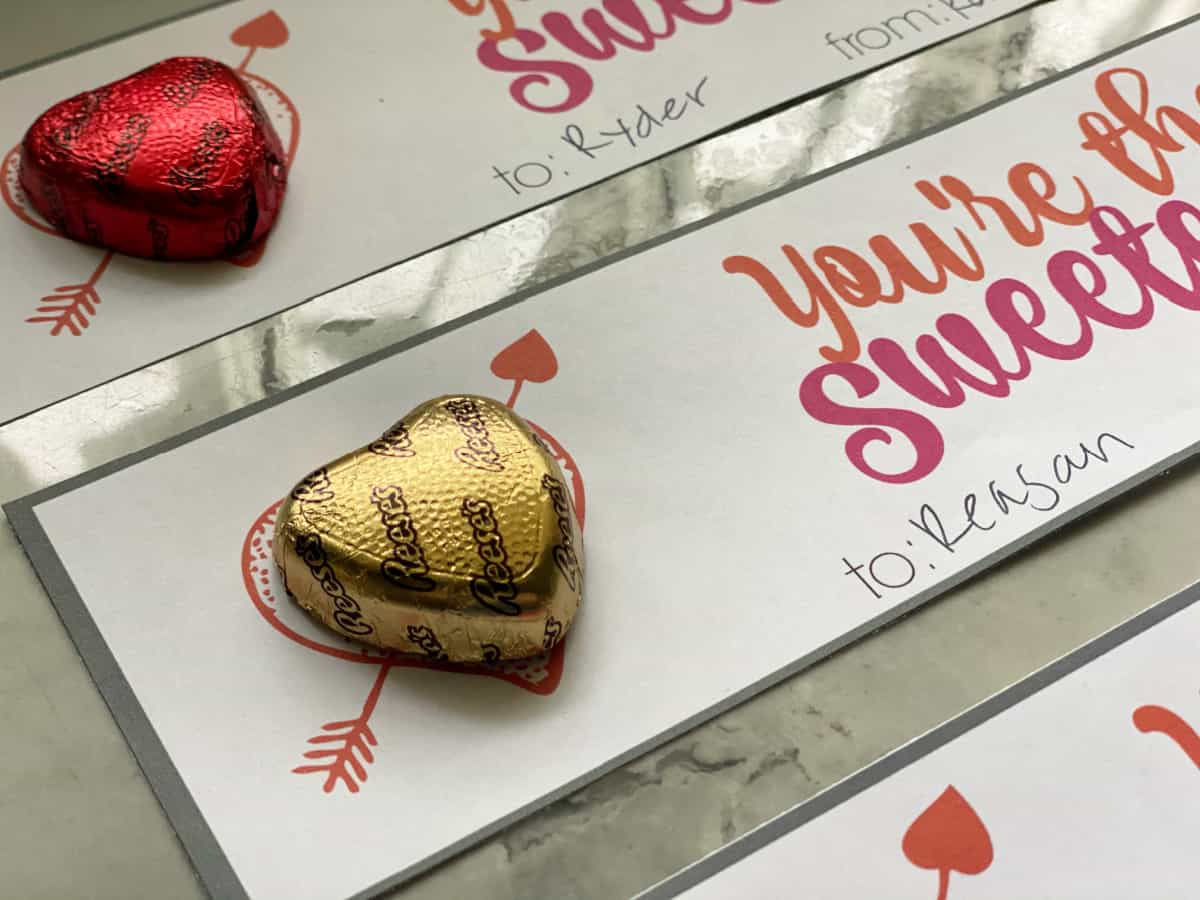 Close up of a reese's heart chocolate candy on a valentine.