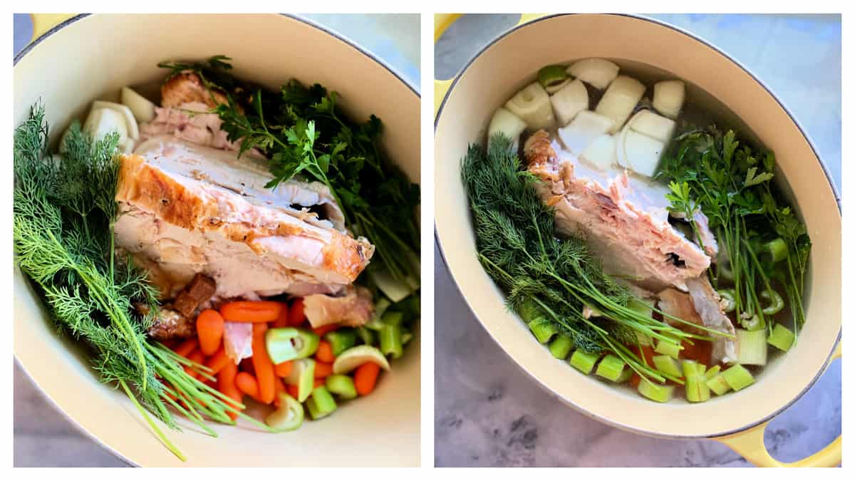 Two images; left: ingredients for rotisserie chicken soup in pot, right: water added to the ingredients in pot