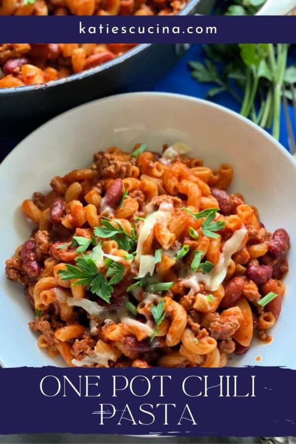 Chili pasta in white bowl, title text below