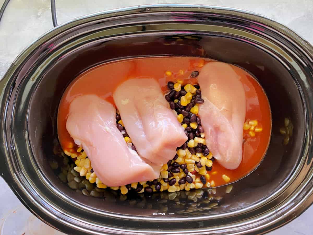 Chicken enchilada soup ingredients placed inside crock pot