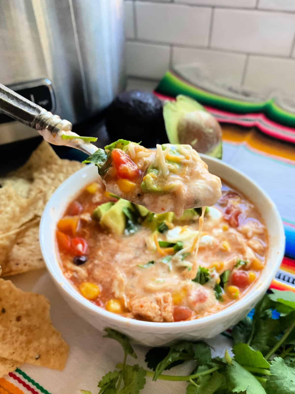 Spoonful of chicken enchilada soup with white bowl of soup in background