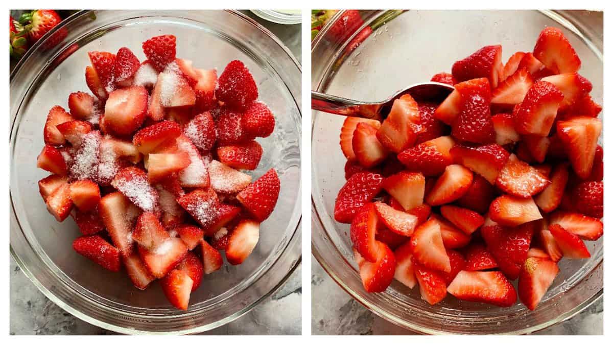 two images; left: strawberries and sugar in glass bowl, right: strawberries and sugar mixed together with spoon